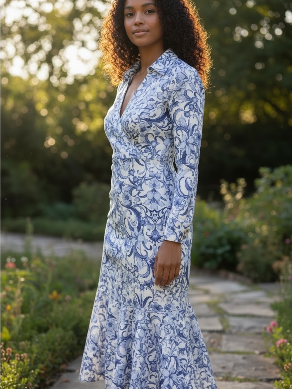 Tahari ASL Blue & White Long Sleeve Floral Midi Dress